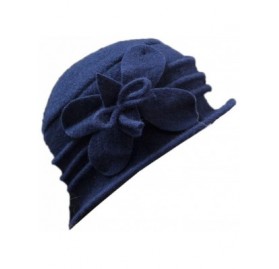 Berets Women 100% Wool Solid Color Round Top Cloche Beret Cap Flower Fedora Hat - 2 Navy - CG186WY866W $17.76