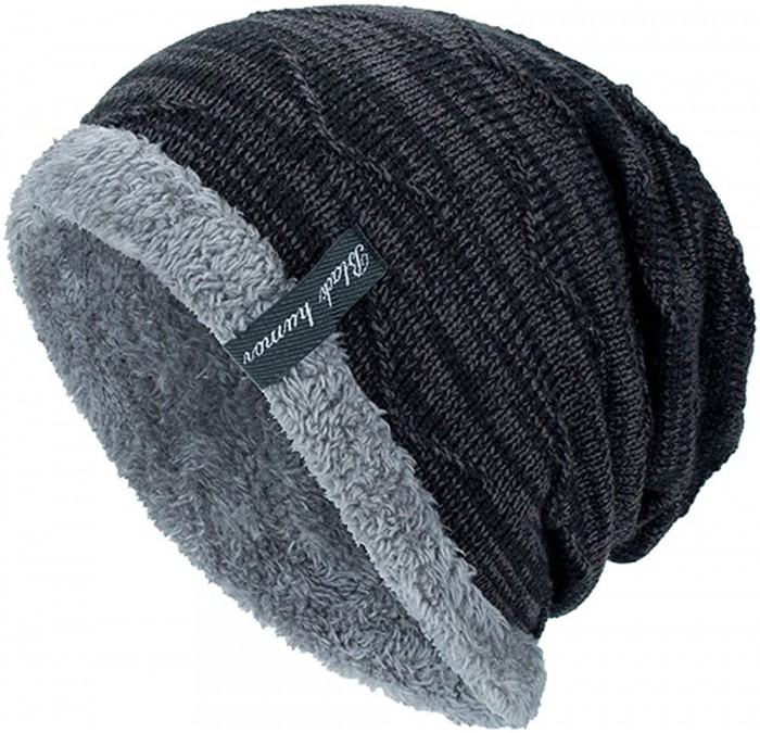 Skullies & Beanies Unisex Knit Slouchy Beanie Chunky Baggy Hat Warm Skull Ski Cap Faux Fur Pompom Hats for Women Men - C-blac...