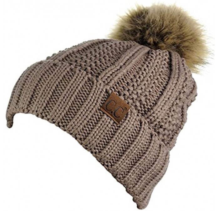 Skullies & Beanies Quality Women's Faux Fur Pom Fuzzy Fleece Lined Slouchy Skull Thick Cable Beanie hat - Taupe - C5187UUEEXD...