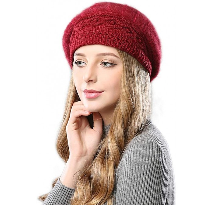 Berets Women Winter French Beret Hat Wool Knit Berets Beanie Classic Warm Casual Hat - Wine Red - CL18Z4H483Y $16.90