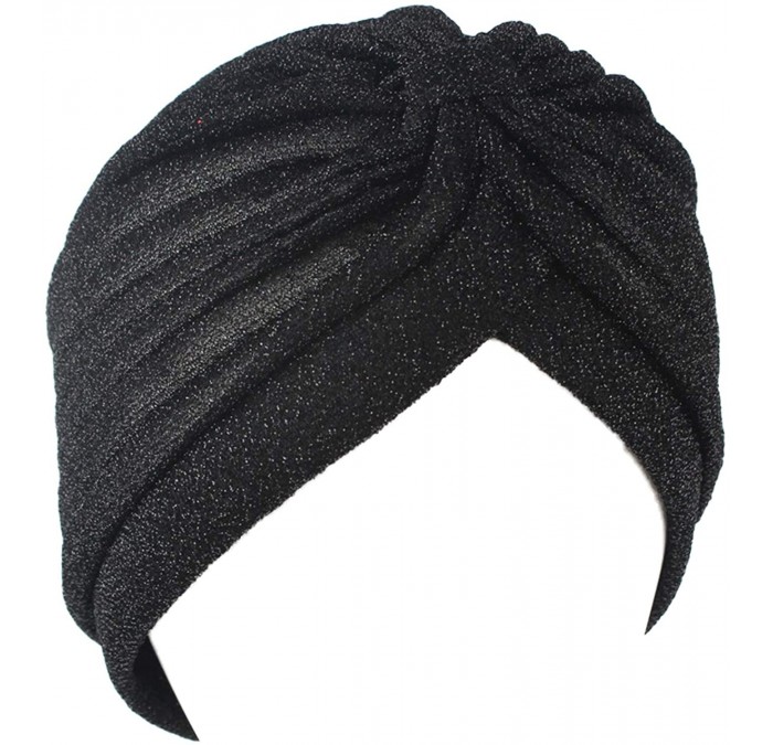 Sun Hats Shiny Turban Hat Headwraps Twist Pleated Hair Wrap Stretch Turban - Black Paillette - CG198H3KER6 $21.52