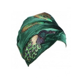Skullies & Beanies Women's Velvet Sequins Peacock Muslim Turban Hijab Headwrap Cap Hat - Green - CQ18EKC2X8K $28.43