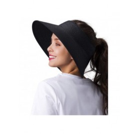 Sun Hats Womens Wide Brim Summer Beach Straw Hat Foldable Roll Up Sun Visor Hats for Women - Black - CE18RC7EDYU $18.33