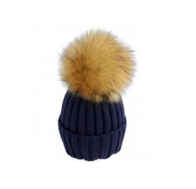 Skullies & Beanies Women Cable Knit Beanie Raccoon Fur Fuzzy Pompom Chunky Winter Stretch Skull Cap Cuff Hat - 12navy - C418W...