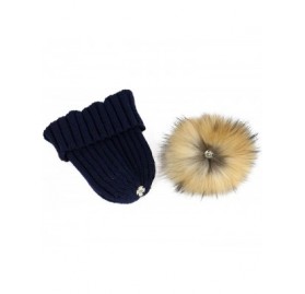 Skullies & Beanies Women Cable Knit Beanie Raccoon Fur Fuzzy Pompom Chunky Winter Stretch Skull Cap Cuff Hat - 12navy - C418W...