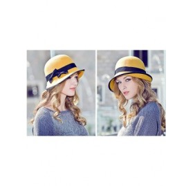 Fedoras Women Wool Bowler Fedora Hat Floppy Cloche Winter Curl Brim Bowknot Hats - Yellow - C918KZ6Q0NO $20.49