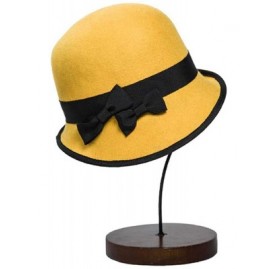 Fedoras Women Wool Bowler Fedora Hat Floppy Cloche Winter Curl Brim Bowknot Hats - Yellow - C918KZ6Q0NO $20.49
