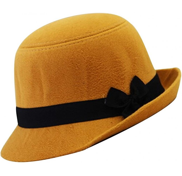 Fedoras Women's Candy Color Wool Rool Up Bowler Derby Cap Cat Ear Hat - Black Bow Yellow - CK11PL6Z2L7 $13.36