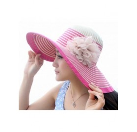 Sun Hats Women Blue Striped Flower Wide Brim Floppy Straw Hat FFH050BLU - Pink - CQ11FE1S2HP $24.12