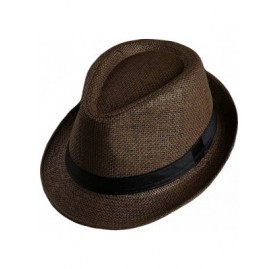 Fedoras Men Women Straw Trilby Hat Fedora Short Upturn Brim FFH391BE1 - Ffh391 Brown (Stripe Decoration) - CN187HRAQ7S $18.15
