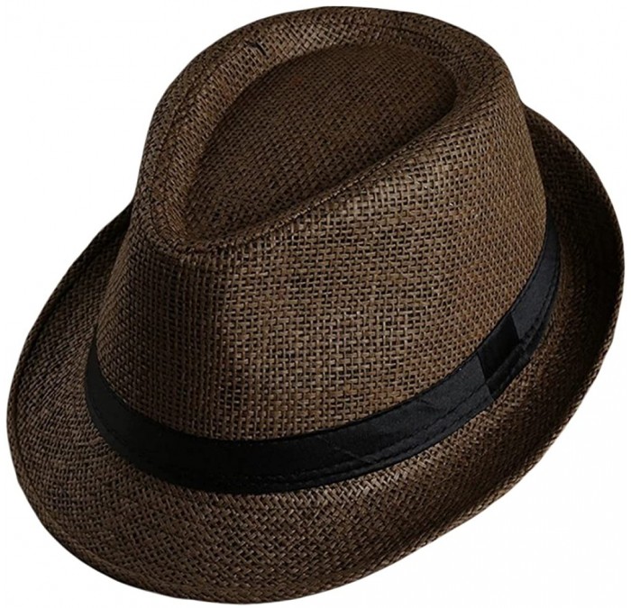 Fedoras Men Women Straw Trilby Hat Fedora Short Upturn Brim FFH391BE1 - Ffh391 Brown (Stripe Decoration) - CN187HRAQ7S $32.30