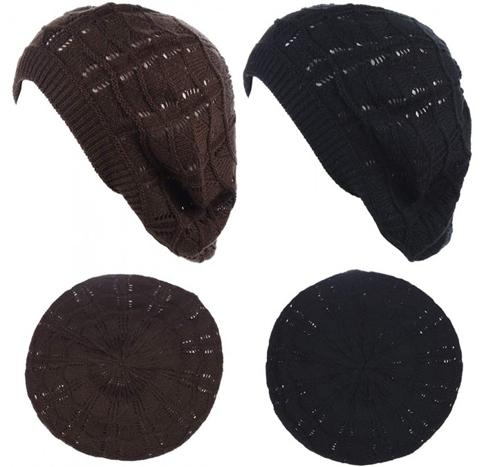 Berets Chic Soft Knit Airy Cutout Lightweight Slouchy Crochet Beret Beanie Hat - 2-pack Brown & Black - CA18LEK93S3 $33.11