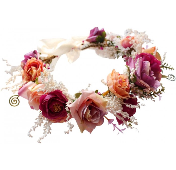 Headbands Boho Flower Crown Hair Wreath Floral Garland Headband Halo Headpiece with Ribbon Wedding Festival Party - 1 - CT18Q...