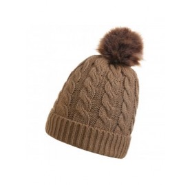 Skullies & Beanies Women's Winter Ribbed Knit Faux Fur Pompoms Chunky Lined Beanie Hats - Single-khaki - CB186QO2ZUL $9.52