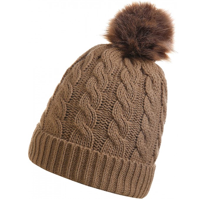 Skullies & Beanies Women's Winter Ribbed Knit Faux Fur Pompoms Chunky Lined Beanie Hats - Single-khaki - CB186QO2ZUL $21.68