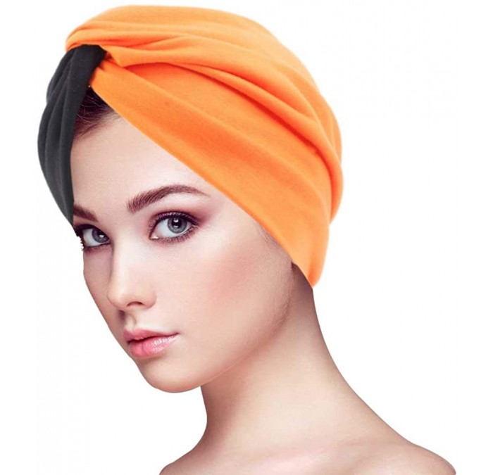 Skullies & Beanies 1Pack/2Packs Women Turban Splice Headwrap Beanie Pre-Tied Bonnet Chemo Cap Hair Loss Hat - Black&orange Sp...