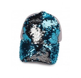 Baseball Caps Hats Magic Sequin-Covered Pony Tail Trucker Cap (BT-723) - Teal/Silver - CR18CGE5LME $11.89