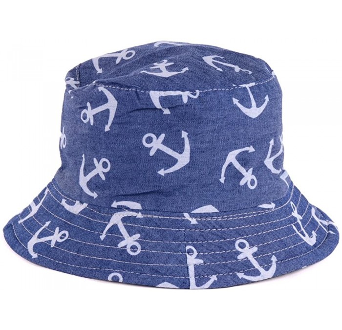 Bucket Hats Packable Reversible Black Printed Fisherman Bucket Sun Hat- Many Patterns - Anchor Dark Denim - CP18D5LU8G8 $29.45