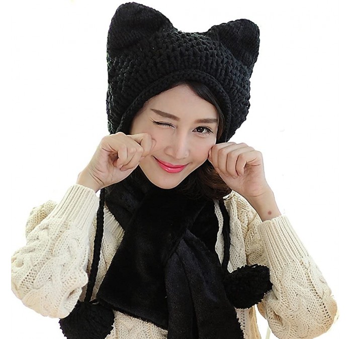 Skullies & Beanies Women's Hat Cat Ear Crochet Braided Knit Caps Warm Snowboarding Winter - Black - CM12MZPJWR9 $11.15