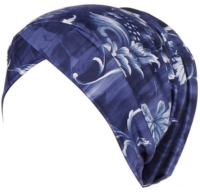Balaclavas Head Scarf for Women Turban Knotted Vintage Flower Print Full Cover Fit-Head Wraps 2019 Winter New Cap - Navy - CC...