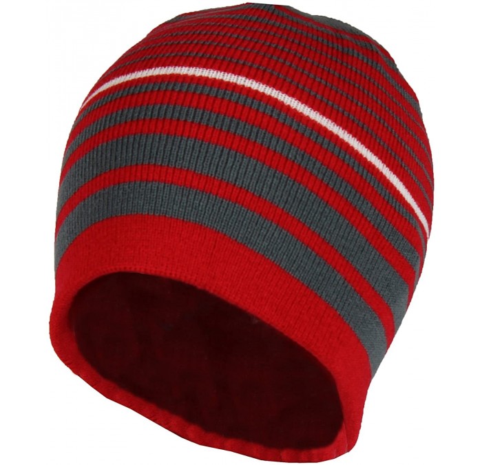 Skullies & Beanies 2 in 1 Reversible Striped & Solid Knit Beanie Hat - Winter Snug Fit Skull Cap - Red/Grey - CT186409H26 $7.70