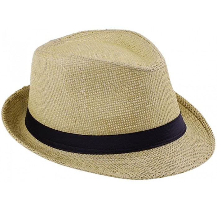 Sun Hats Unisex Men Women Straw Fedora Trilby Hat Summer Beach Sun Jazz Cap - Wheat - CB11L1D5FAL $18.57