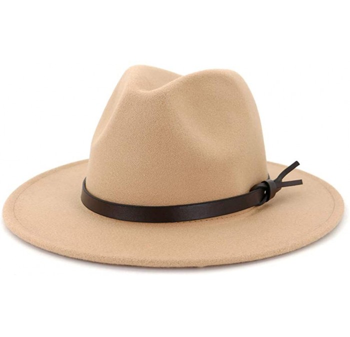 Fedoras Women Wide Brim Wool Fedora Panama Hat with Belt Buckle - Knot Belt-camel - CU18XALUG2M $18.24