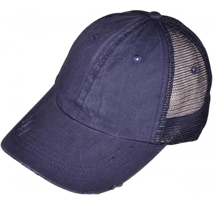 Baseball Caps Unisex Unstructured Special Washed Distressed Mesh Trucker Cap - Navy Blue - C712EPGPTAL $22.68