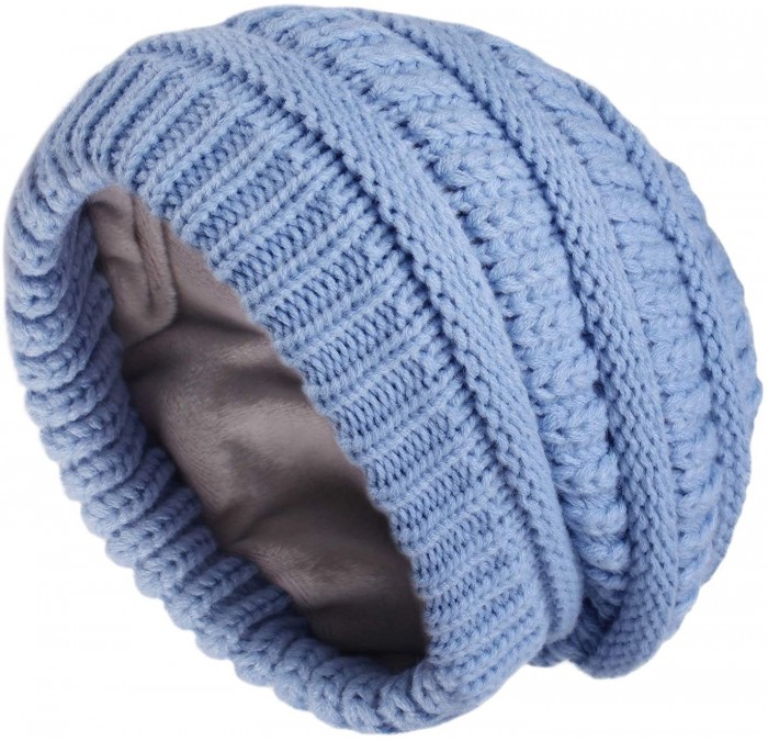Skullies & Beanies Winter Beanie Hats for Women Cable Knit Fleece Lining Warm Hats Slouchy Thick Skull Cap - Light Blue - CZ1...