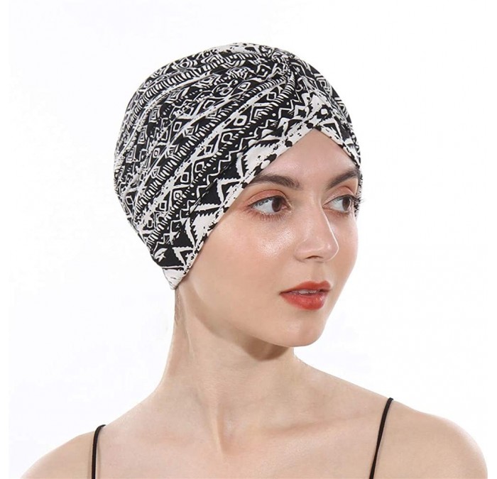 Skullies & Beanies Women's Cotton Turban Elastic Beanie Printing Sleep Bonnet Chemo Cap Hair Loss Hat - Black - C618ZYNUSUN $...