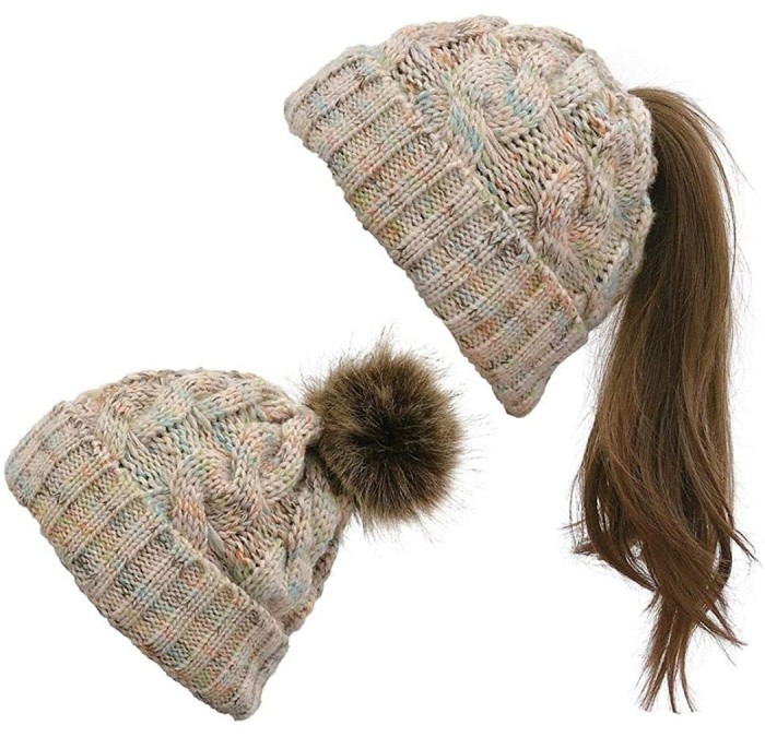 Skullies & Beanies Women Fashion Winter Warm Ponytail Patchwork Knitted Cap Hats & Caps - Beige - C018AIAA3WT $32.56