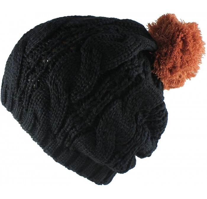 Skullies & Beanies Thick Crochet Knit Slouchy Pom Pom Beanie Winter Ski Hat - Black/Orange Pom Pom - CP1208TFDCT $17.43