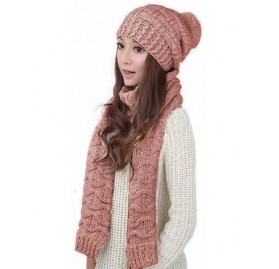 Skullies & Beanies Women Girls Knitted Hat Scarf Set Fashion Winter Warm Hat with Attached Scarf - Red Beige - CM186A27RA7 $1...