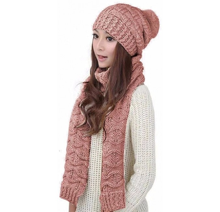 Skullies & Beanies Women Girls Knitted Hat Scarf Set Fashion Winter Warm Hat with Attached Scarf - Red Beige - CM186A27RA7 $1...