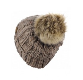 Skullies & Beanies Thick Cable Knit Faux Fuzzy Fur Pom Fleece Lined Skull Cap Cuff Beanie - Confetti Taupe - CB18GUU57T8 $18.43