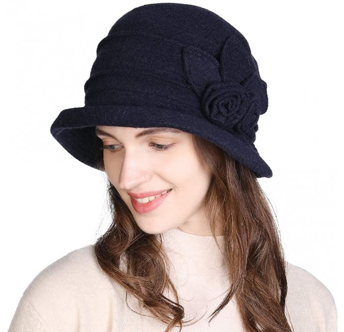 Fedoras Womens Wool Blend Winter Bucket 1920s Vintage Derby Hat Fedora Round Fall Bowler 55-59cm - 16076-navy - CH18ZCTGOLZ $...