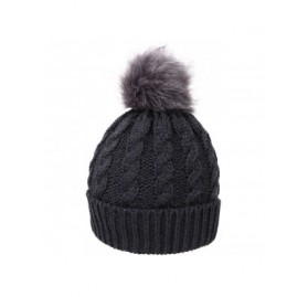 Skullies & Beanies Womens Winter Hand Knit Faux Fur Pompoms Beanie Hat - Grey W/Grey Pom - CI12L7P0P3F $13.12