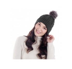 Skullies & Beanies Womens Winter Hand Knit Faux Fur Pompoms Beanie Hat - Grey W/Grey Pom - CI12L7P0P3F $13.12