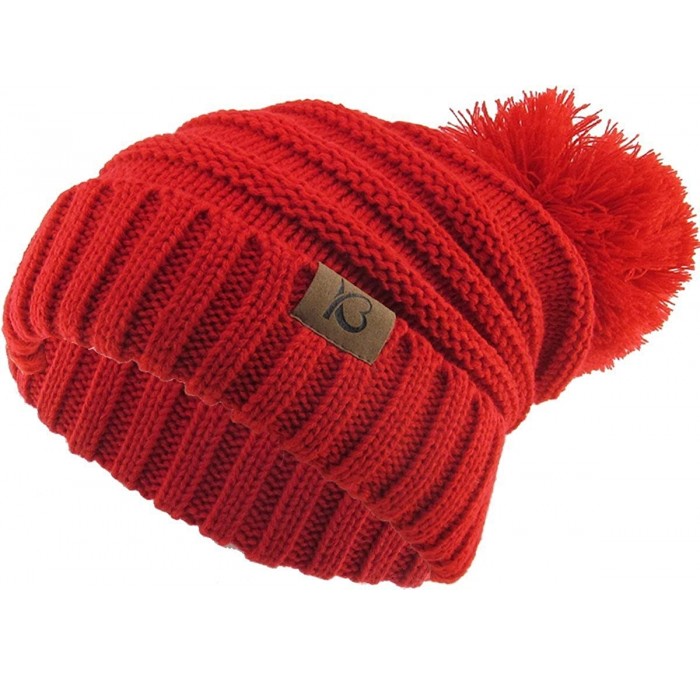 Skullies & Beanies Women's Winter Warm Thick Oversize Cable Knitted Beaine Hat with Pom Pom - (7026) Red - CR18H4EIIY3 $23.75