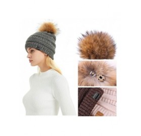 Skullies & Beanies Merino Wool Knitted Bun Beanie - Women Hat Cap with Cute Pony Tail Hole - Raccoon Fur Pompom (Black & Gray...