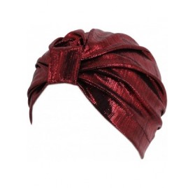 Skullies & Beanies Shiny Metallic Turban Cap Indian Pleated Headwrap Swami Hat Chemo Cap for Women - Wine Red Knot - CK1925D7...