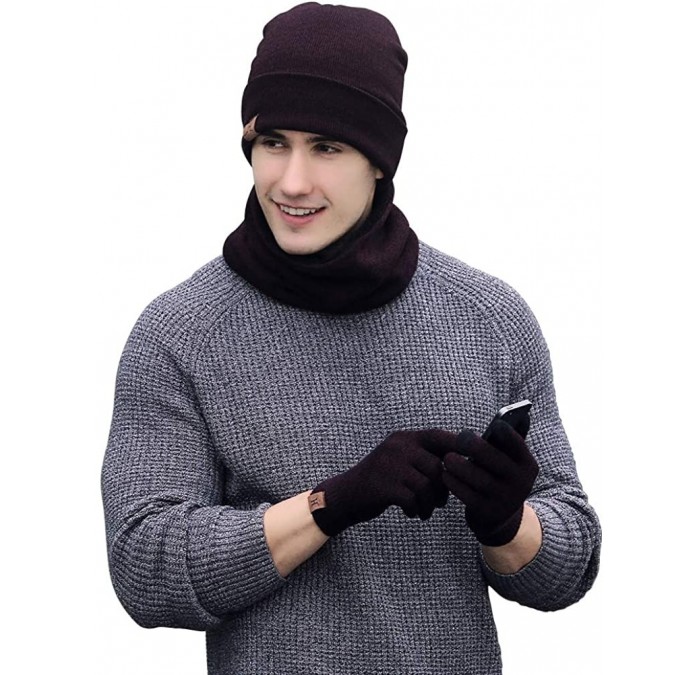 Skullies & Beanies JTJFIT Winter Knitted Hat Scarf Gloves Three Sets for Men and Women-3 Pieces - Wine Red - CE185TAZRZL $12.48