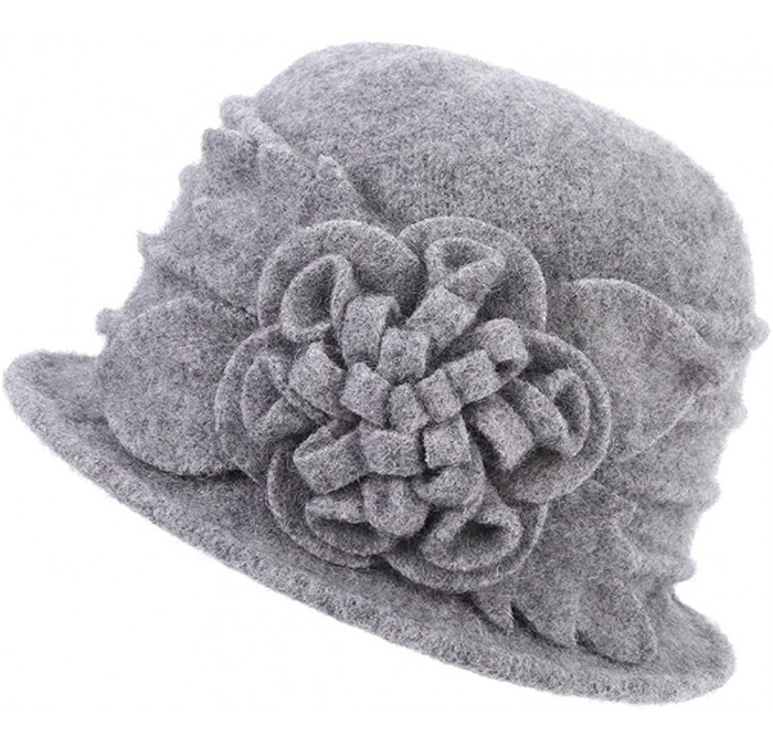 Bucket Hats Women's Winter Wool Cloche Bucket Hat Slouch Wrinkled Beanie Cap with Flower - Grey - C8186AN9X6I $15.31
