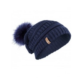 Skullies & Beanies Ladies Textured Knit Beanie HAT with Detachable Faux Fur POM POM - Navy - C012KTD9A4F $8.67