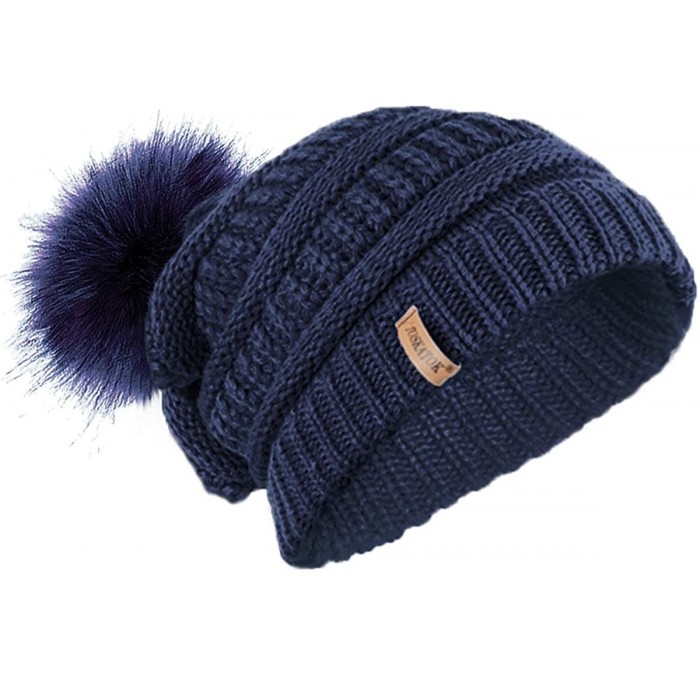 Skullies & Beanies Ladies Textured Knit Beanie HAT with Detachable Faux Fur POM POM - Navy - C012KTD9A4F $8.67
