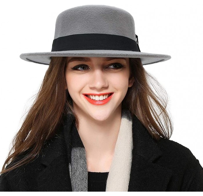 Fedoras Women's Classic Wool Felt Pork Pie Hat Flat Top Church Fedora Hat - Gray - C318Y64H4TC $11.44