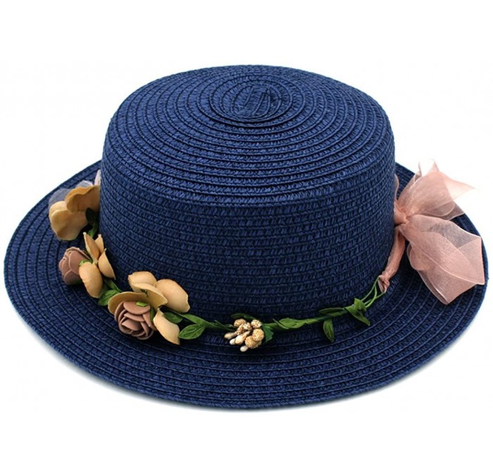 Sun Hats Women Summer Straw Boater Hat Beach Round Top Caps Wedding Flower Garland Band - Navy Blue - C01832THYMN $18.66