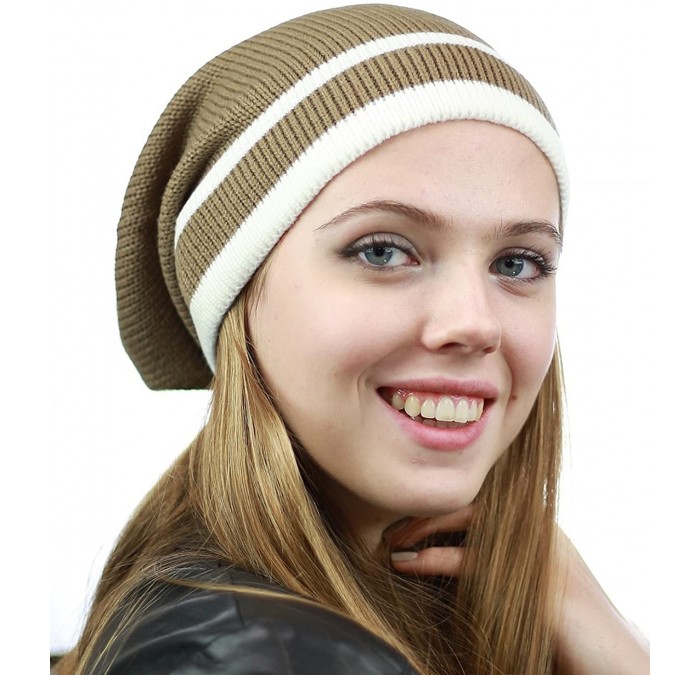 Skullies & Beanies Trendy Baggy Slouchy & Comfort Knitted Daily Beanie Hat w/Stripe - Camel/Ivory - CC12HPYE0PV $18.68
