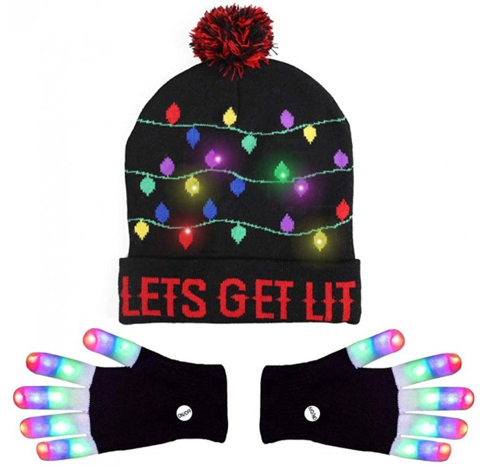 Skullies & Beanies LED Light up Christmas Hat Beanie Knit Cap and LED Gloves Unisex Ugly Sweater Holiday Xmas Accessories - C...