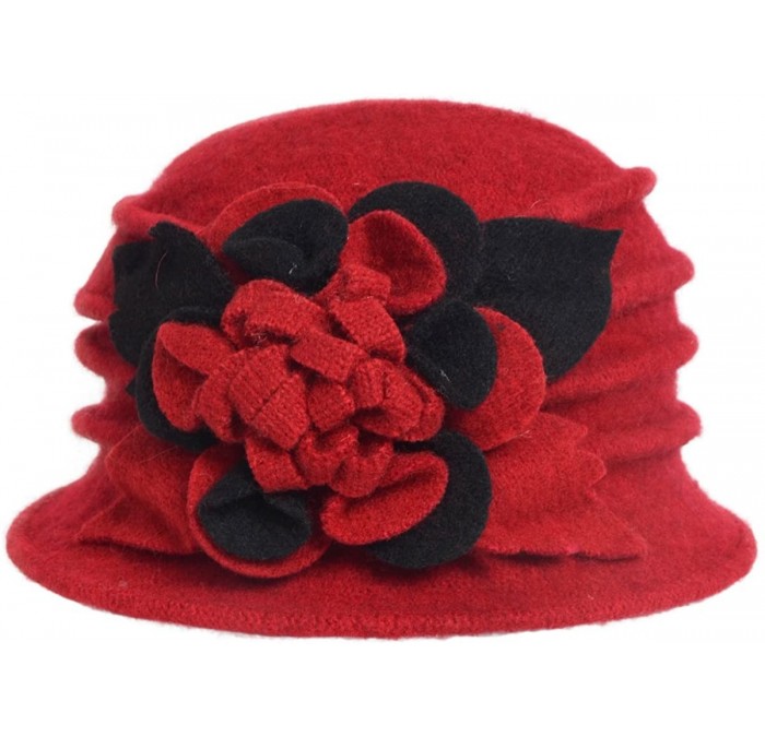 Bucket Hats Women's Wool Dress Church Cloche Hat Bucket Winter Floral Hat - Red - CO12L3NZWJX $17.10